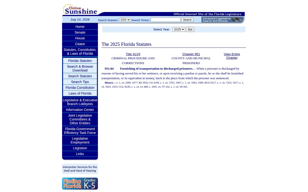 Florida county-prisoner discharge transportation statute page