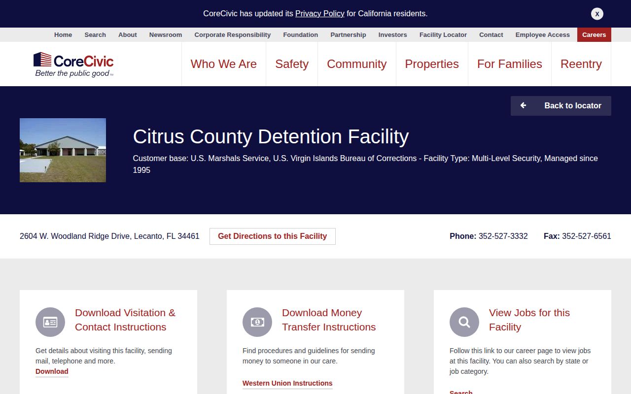 Citrus County Detention Facility release contact profile