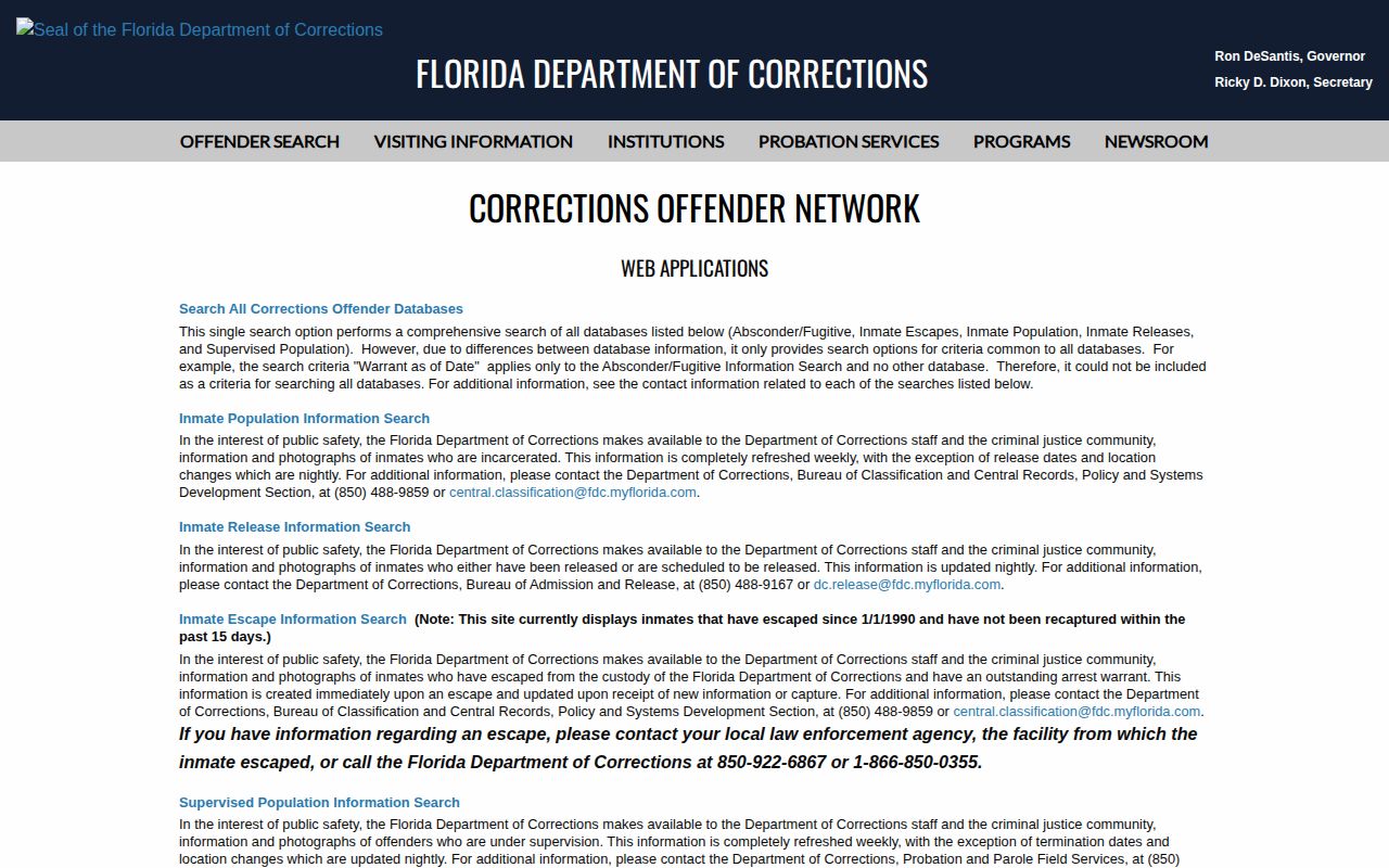 Florida Department of Corrections release search menu for a Citrus County state-prison case