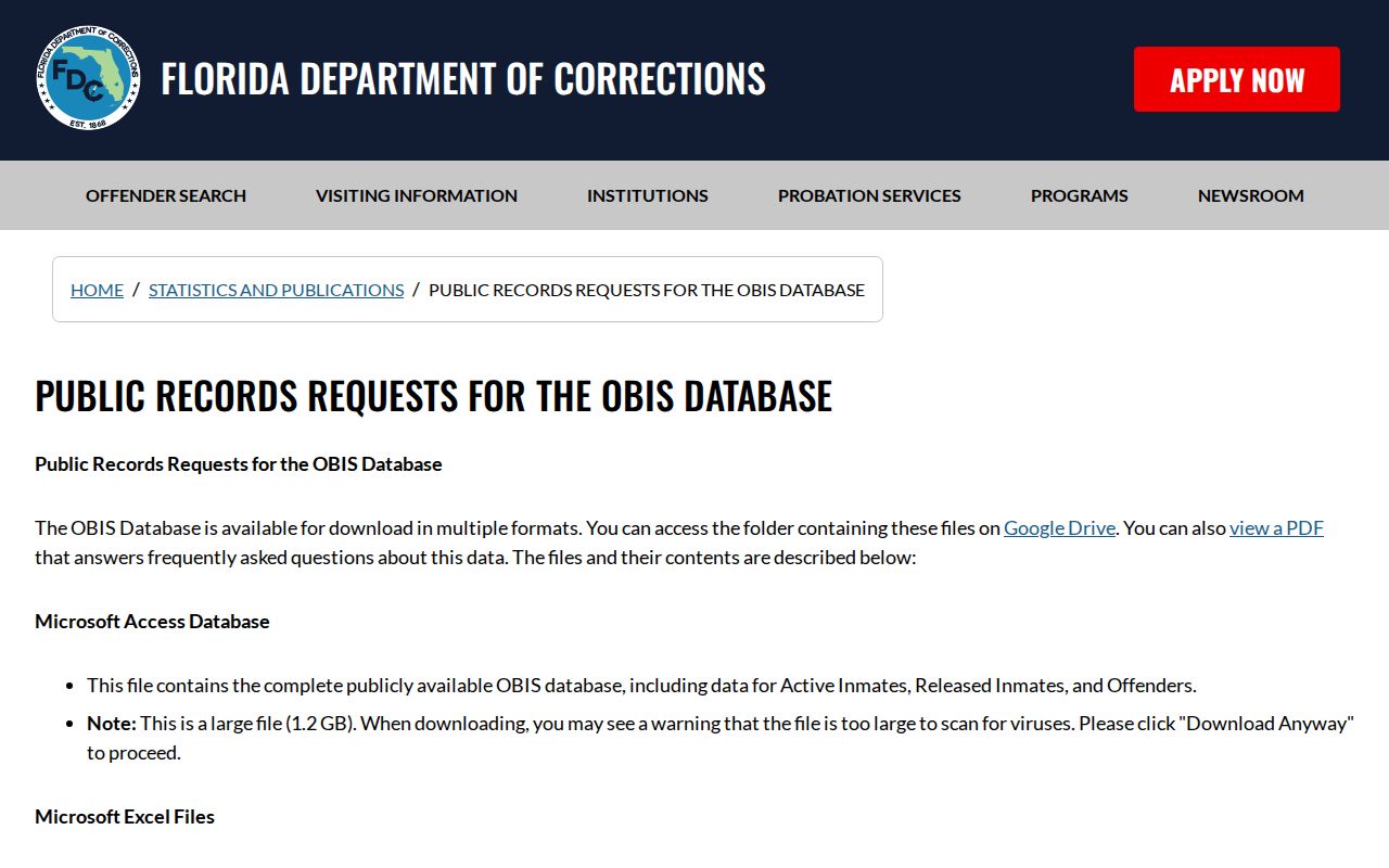 Florida Department of Corrections OBIS archive for released state inmates from Citrus County cases