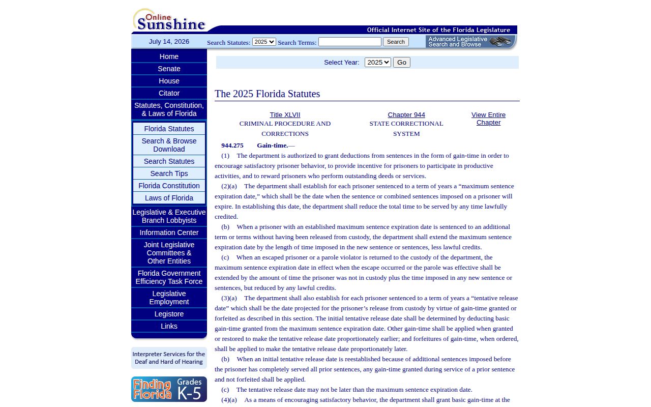 Florida gain-time statute for Citrus County state release date calculations