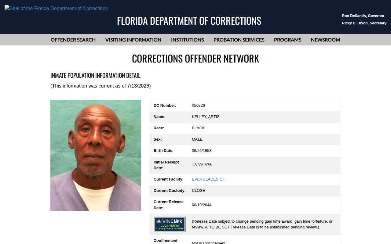 Citrus County state prisoner Current Release Date field in FDC record
