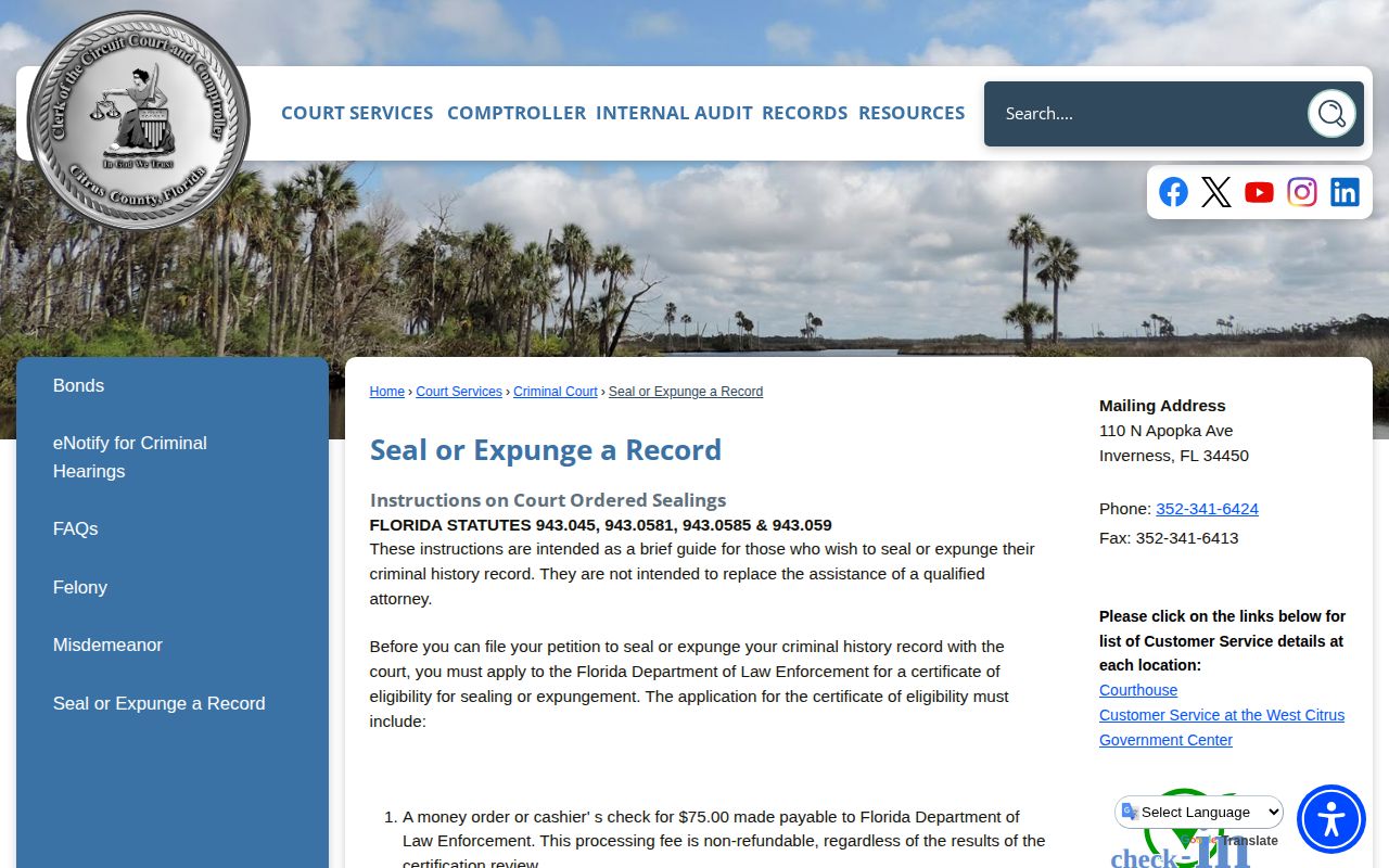 Citrus County booking photo sealing and expungement process