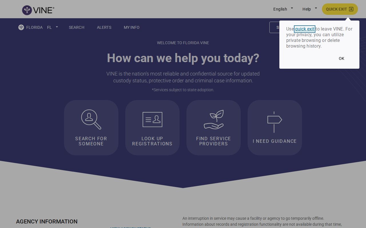 Florida VINE offender search and custody status interface
